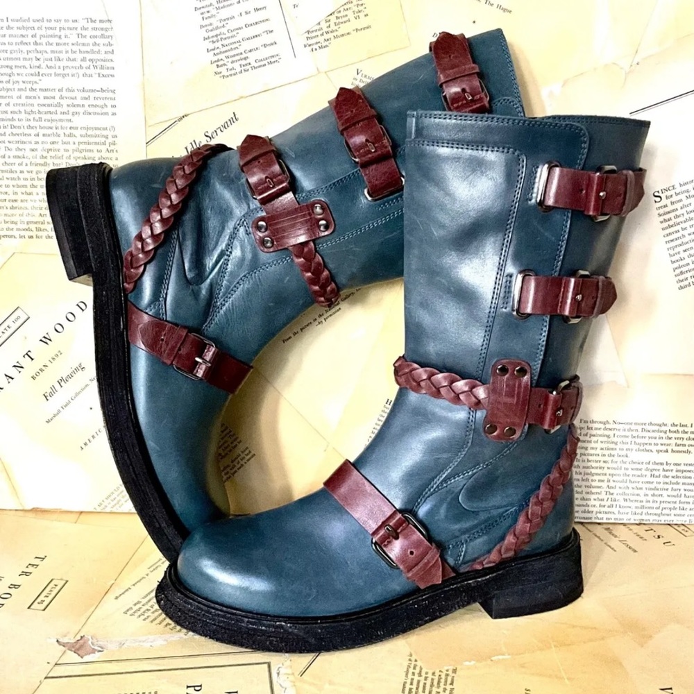 Free People Billie Buckle Moto Boot Braided Trim Stargazer Blue Brown